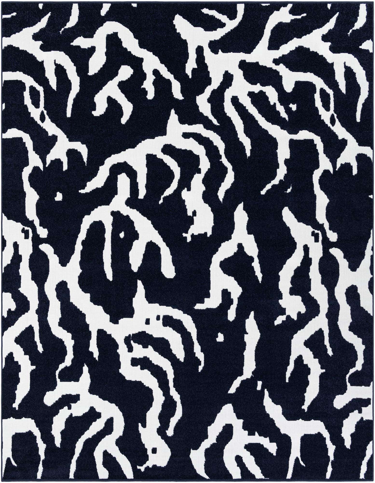 A 10'x10' square navy blue and white modern abstract rug, featuring a high-contrast organic pattern, suitable for indoor or outdoor use.
