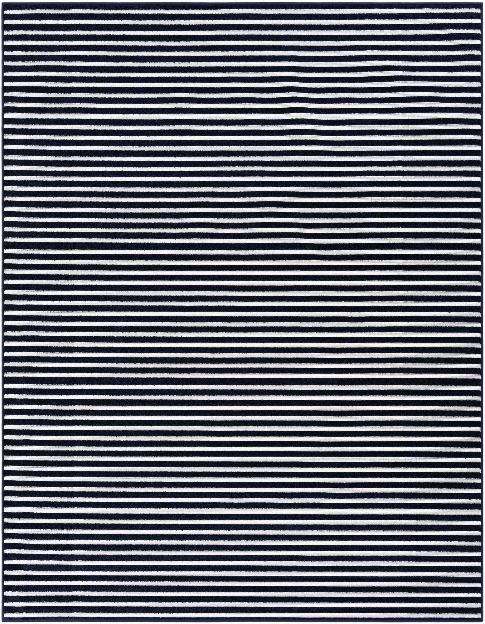 A 7' 10 x 7' 10 square navy blue and white striped modern area rug, suitable for indoor or outdoor use on a patio.