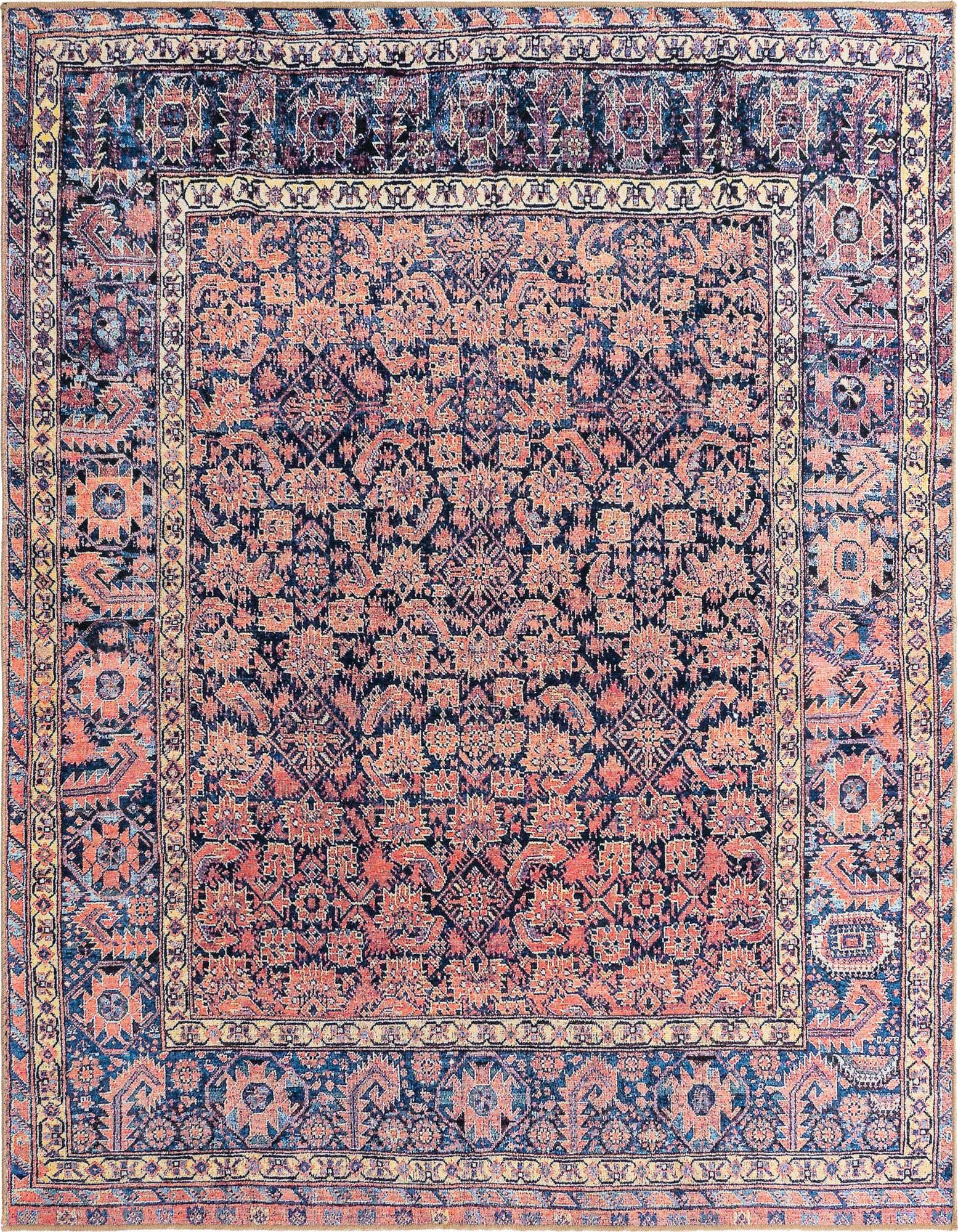 A square 7' 6 x 7' 6 Rugs.com Timeless rug featuring a complex navy blue and coral floral and geometric pattern with a bordered design.