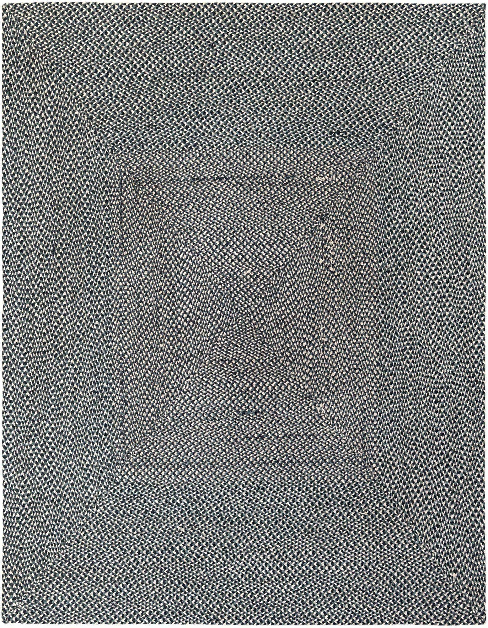 A square 7' 10 x 7' 10 modern braided jute rug in varying shades of blue, showcasing its textured weave.