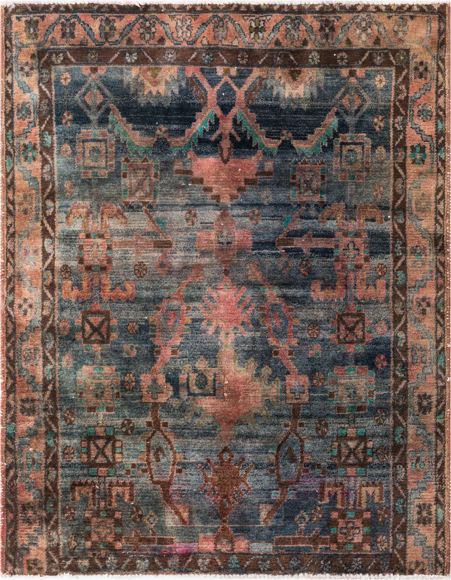 A square 4' 5 x 5' 3 Ultra Vintage rug featuring a distressed Persian pattern in shades of blue, brown, and muted pink.