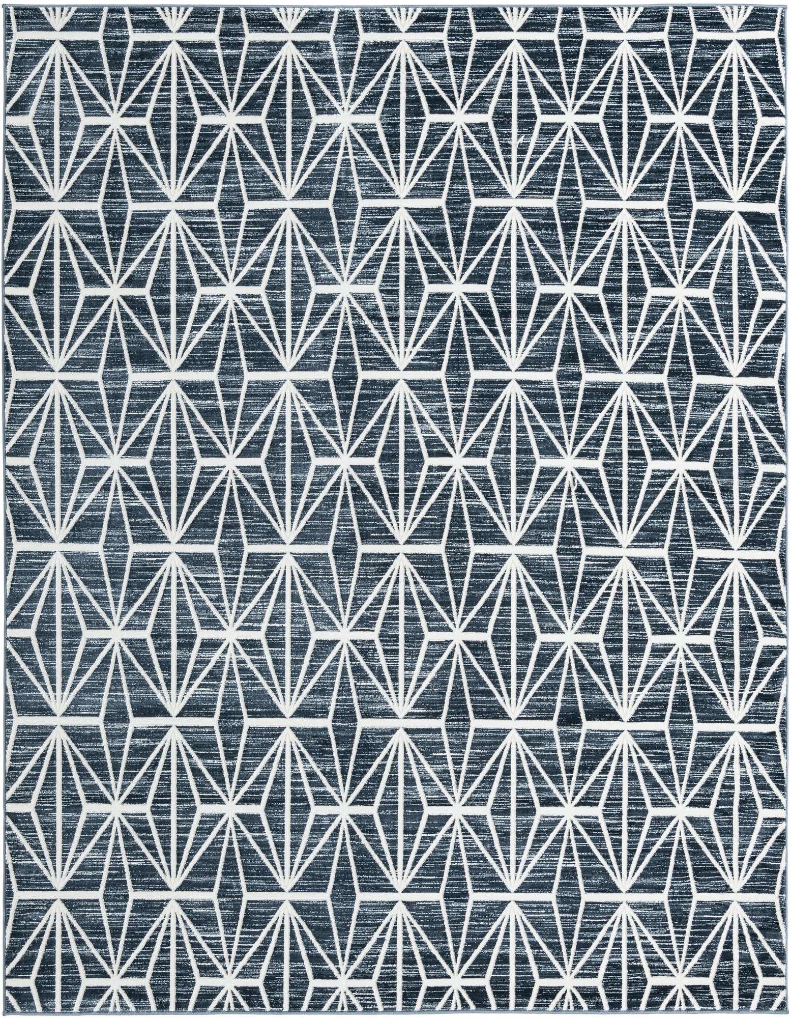 A 7' 10 x 7' 10 square navy blue rug with a repeating white geometric mid-century modern pattern, featuring diamond and triangular shapes.