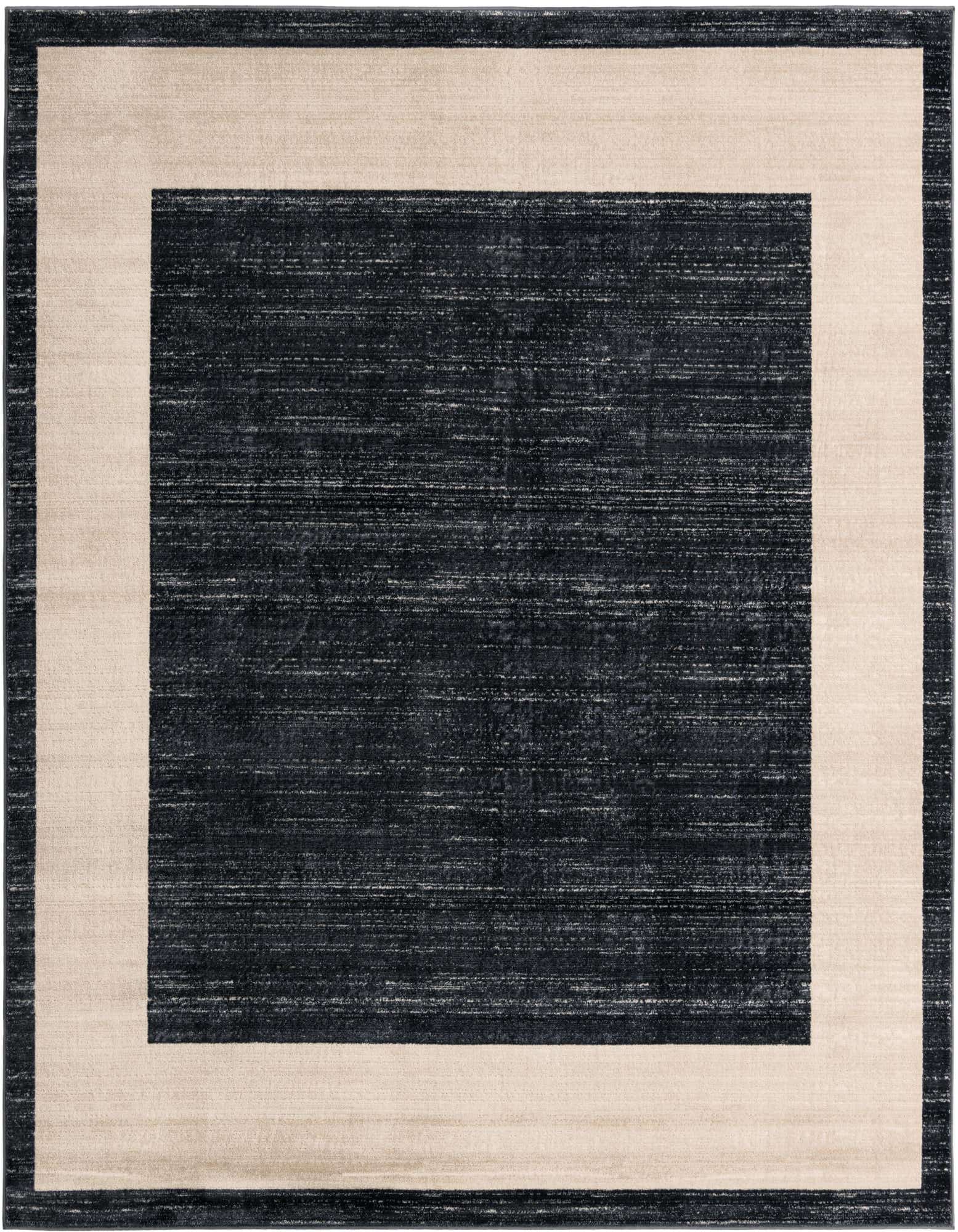 A 7' 10 x 7' 10 square navy blue area rug with a wide, light beige border, featuring a textured modern design.