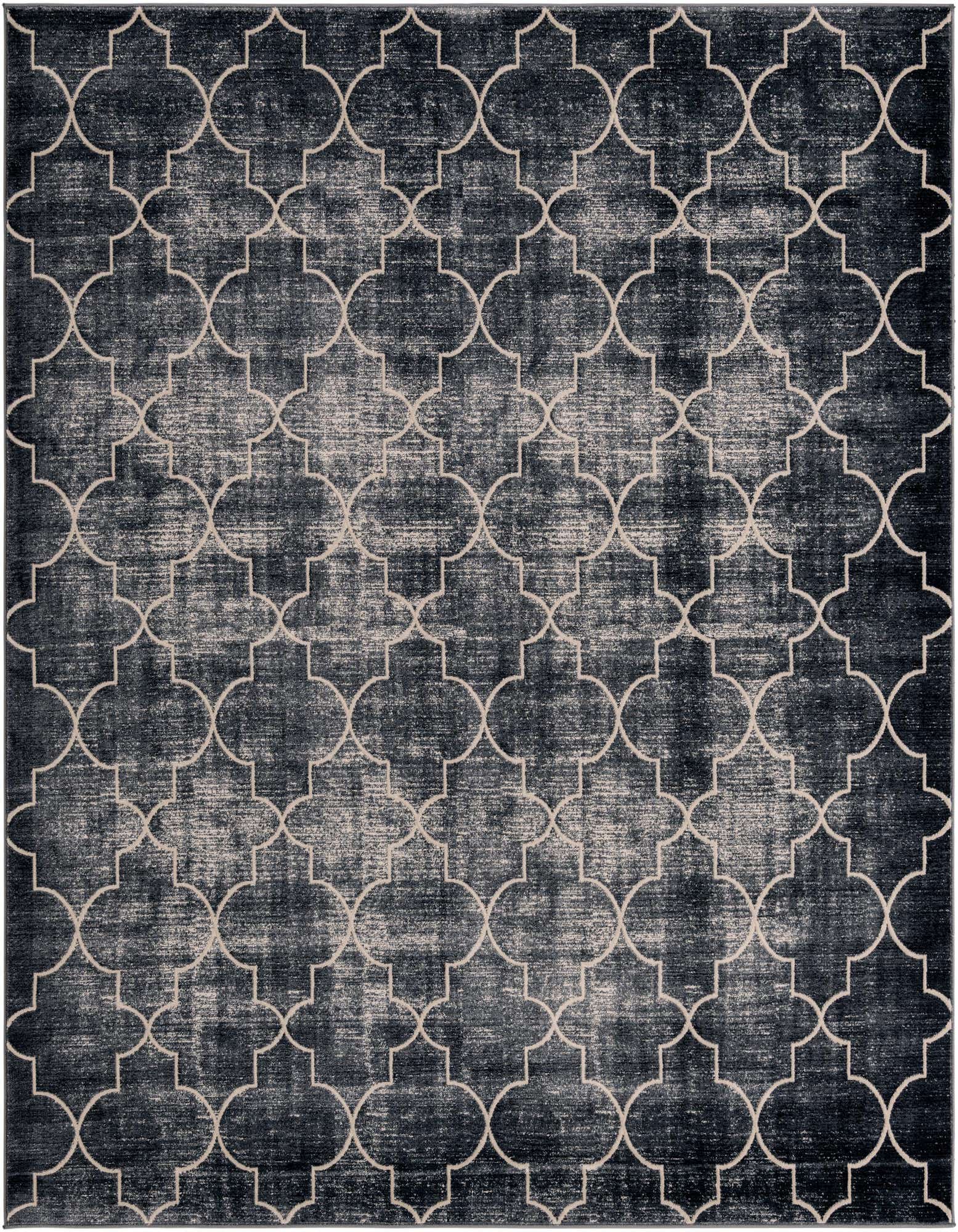 A 7' 10 x 7' 10 square navy blue area rug with a distressed modern quatrefoil pattern in a lighter blue.