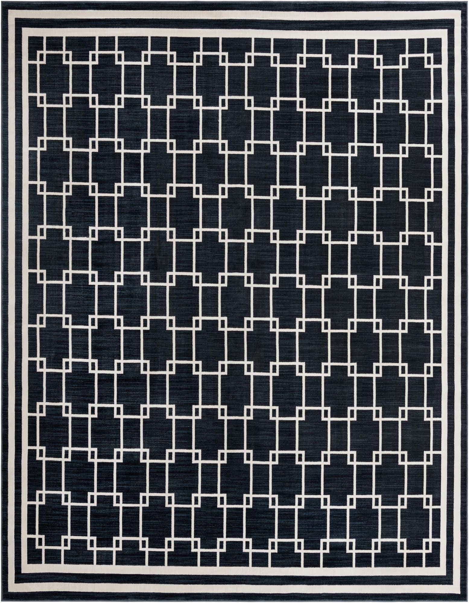 A 10'x10' square navy blue modern rug with a white geometric square pattern and a triple-lined border.