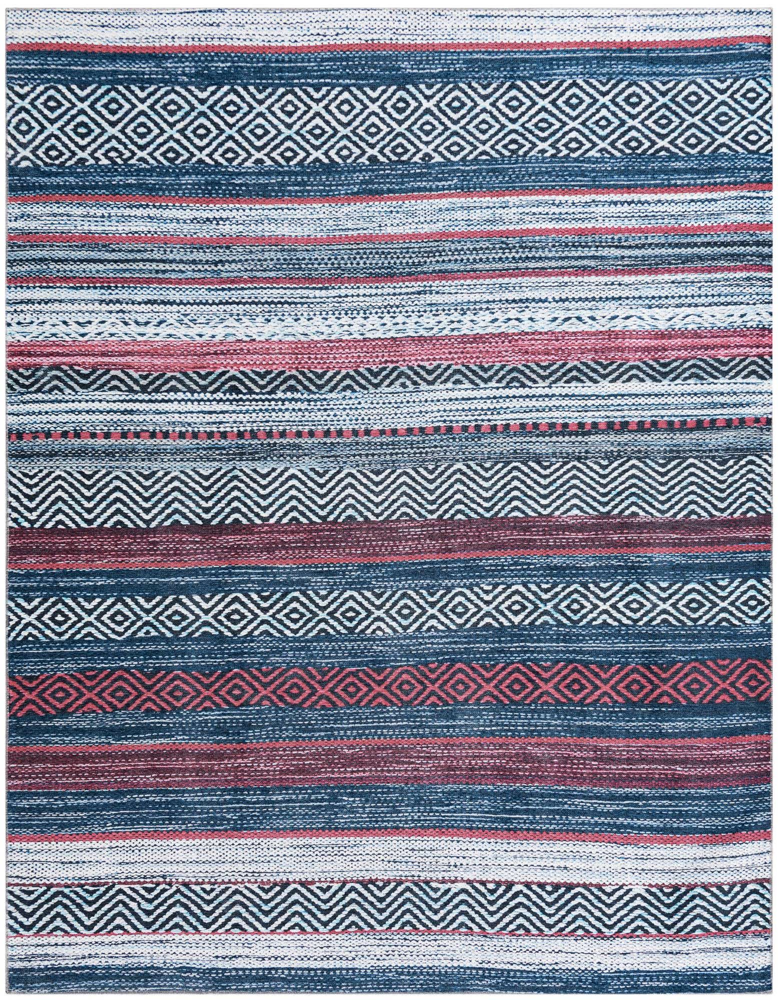 A square Yara rug, 7'10" x 7'10", featuring a coastal stripe pattern in various shades of blue, white, and red.