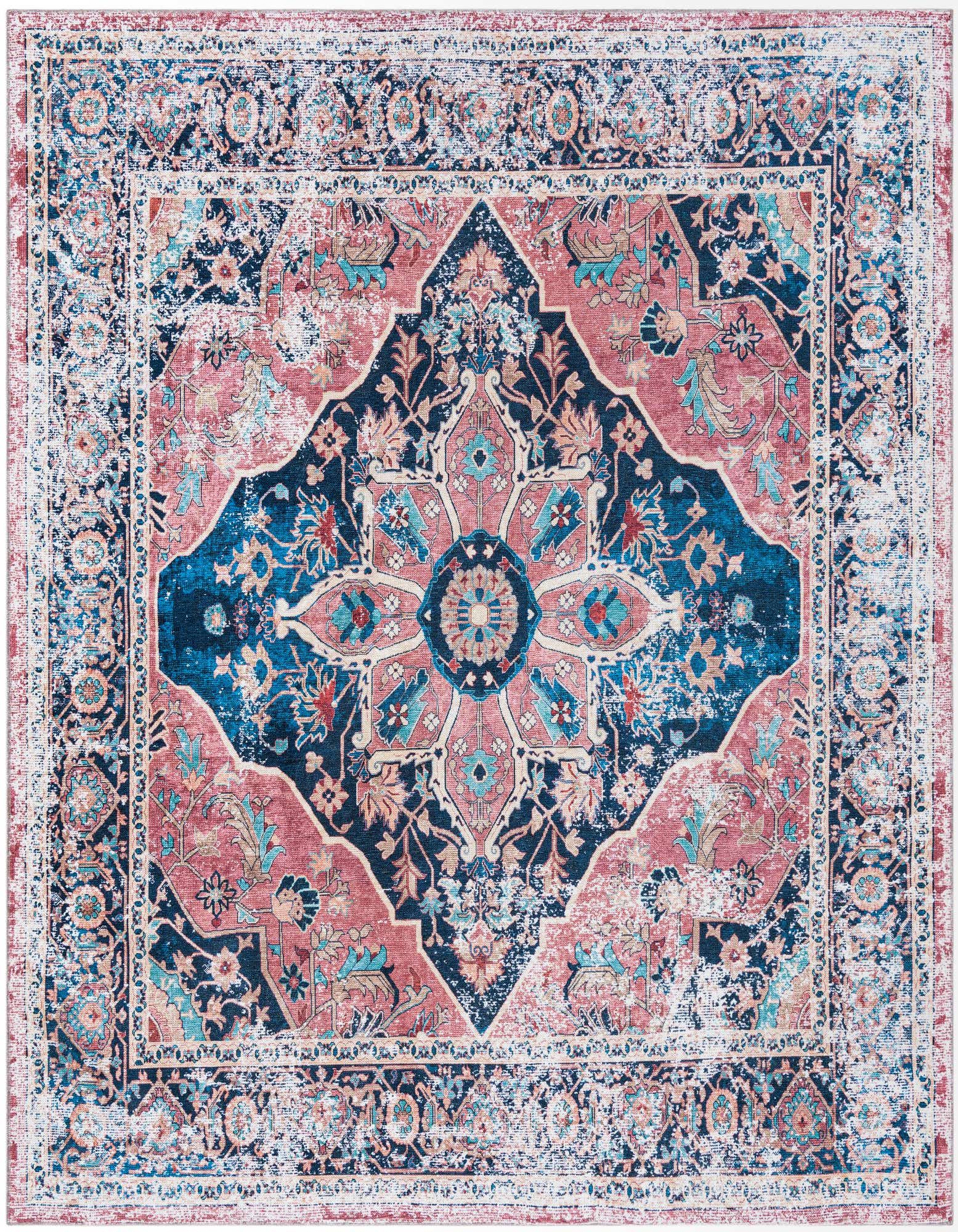A square 7' 10 x 7' 10 Yara rug featuring a distressed traditional medallion pattern in navy blue, teal, and blush pink.