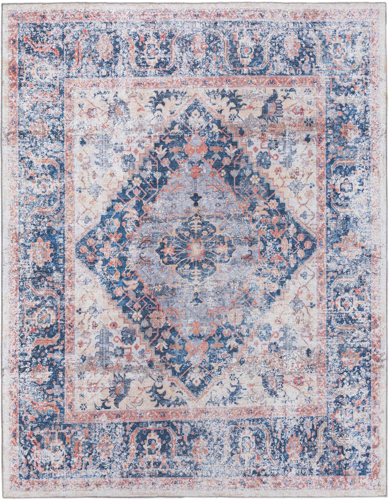 A square 7' 10 x 7' 10 Rugs.com Yara rug featuring a distressed tribal medallion pattern in shades of navy blue, light blue, and muted orange on a cream background.