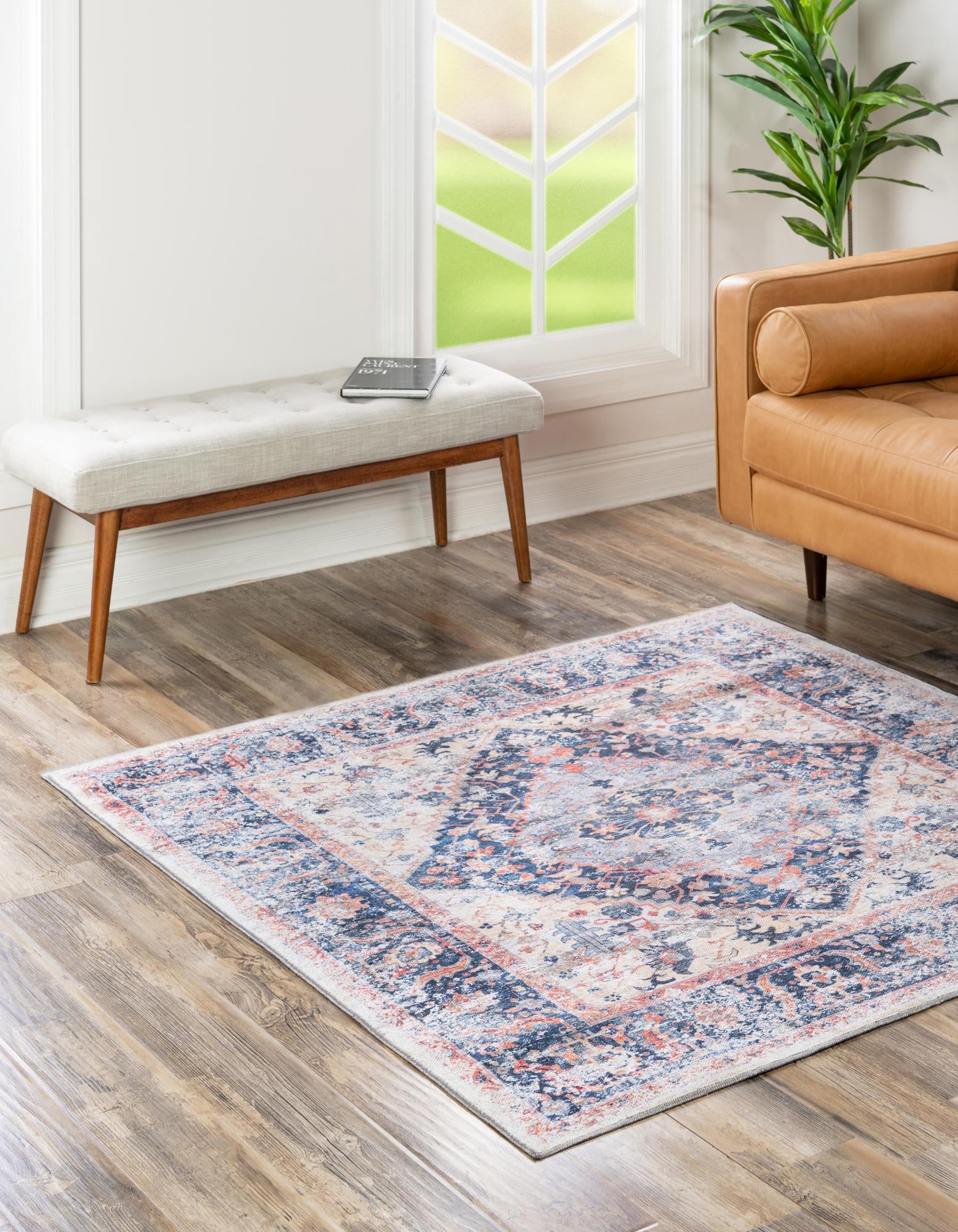 Navy Blue 5' x 5' Washable Yara Square Rug | Rugs.com