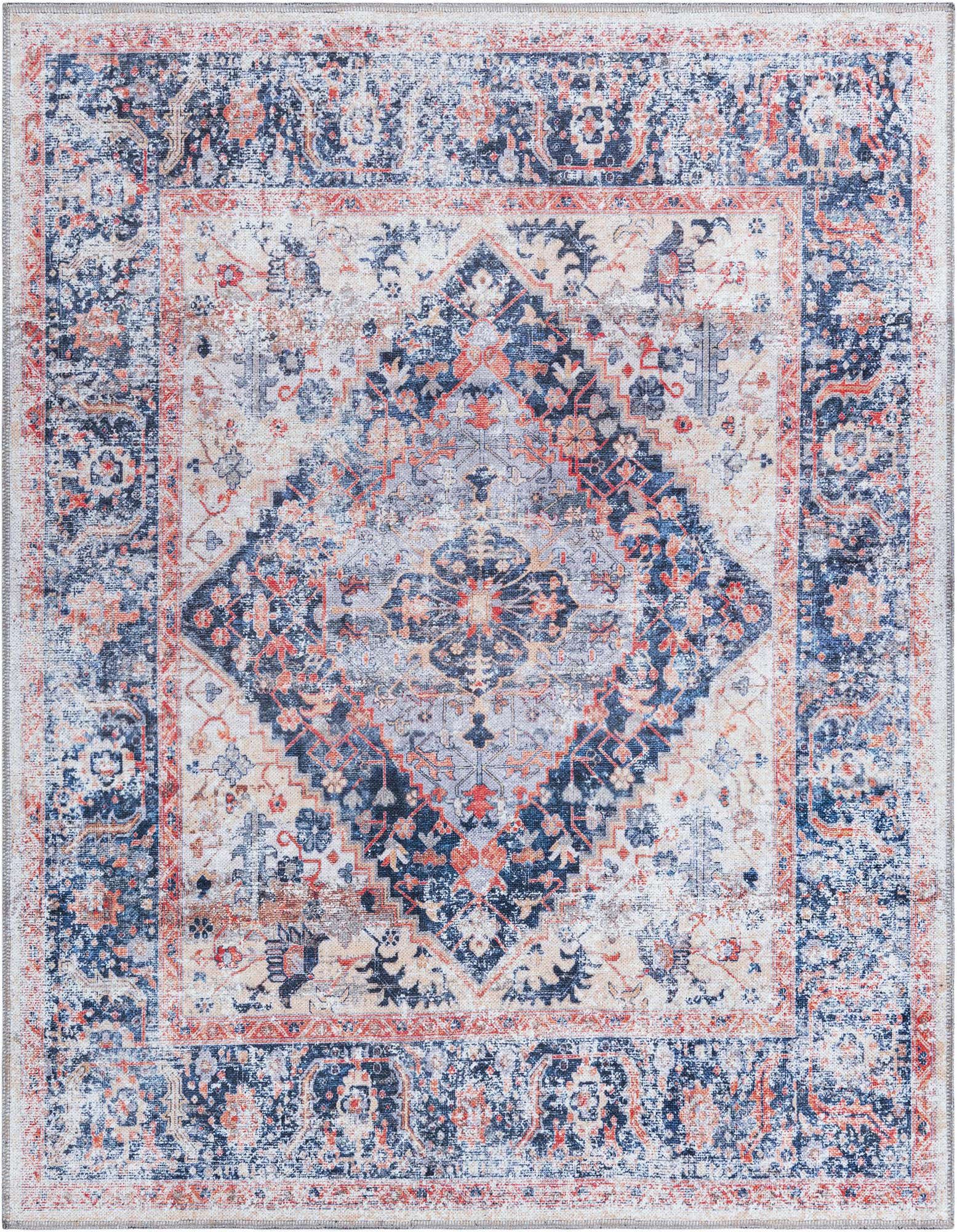 A 5x5 square tribal medallion rug in distressed navy blue, light blue, and coral, featuring a central diamond pattern.