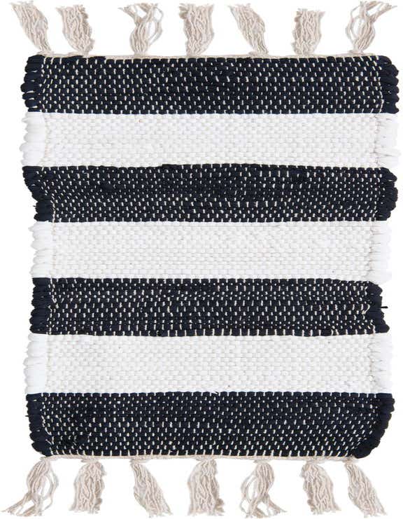 A navy blue and white striped Chindi Rag stair rug with natural fringe, showcasing its flatweave texture.