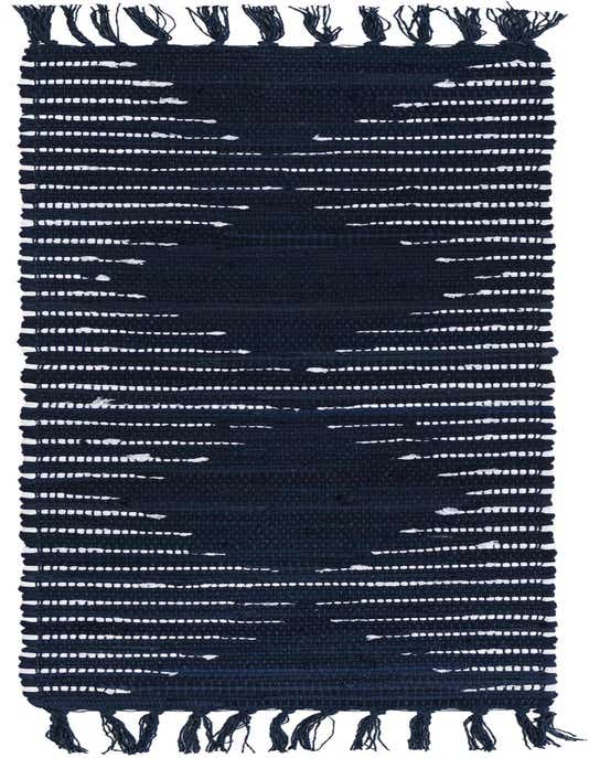 A 1' 2 x 4' 1 Chindi Cotton table runner in shades of navy blue with white striped accents and fringed ends.