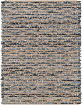 A 1' 2 x 10' 0 runner rug featuring a textured flatweave pattern of blue denim cotton and natural jute, ideal for a table.