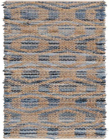 A 1' 2 x 6' 1 Chindi Jute runner rug with a textured flatweave of blue denim and natural jute fibers.