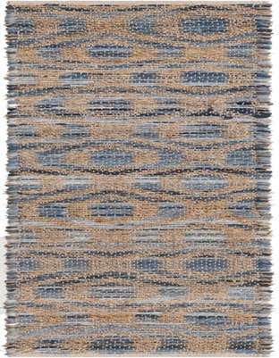 A 1' 2 x 8' 0 Chindi Jute runner rug featuring a textured, flatweave pattern in shades of blue denim and natural jute.