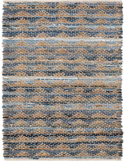 A 1' 2 x 5' 1 runner rug featuring a textured flatweave pattern of blues and natural jute, ideal for a table or hallway.