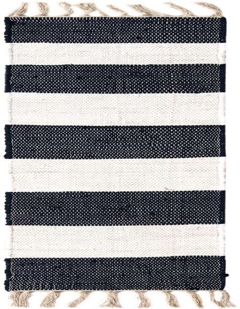 A 1' 2 x 5' 1 Chindi Rag table runner rug with wide horizontal navy blue and white stripes, featuring braided fringe.