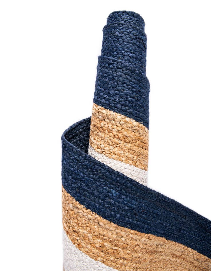 Detail image of  Custom Navy Blue White Natural  Hand Braided Jute Rug