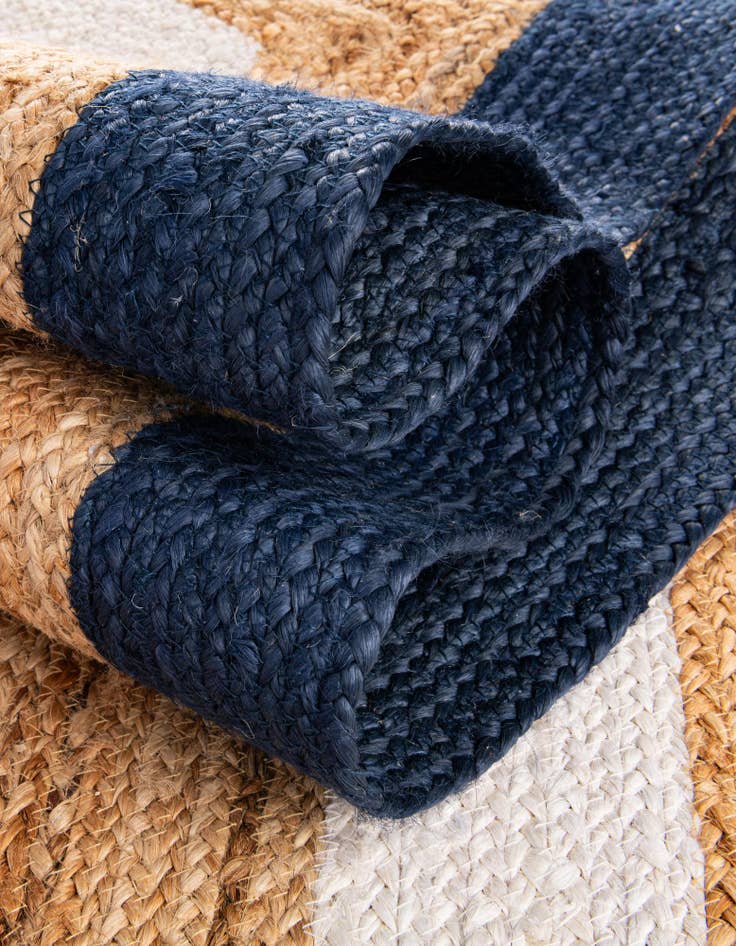 Detail image of  Custom Navy Blue White Natural  Hand Braided Jute Rug