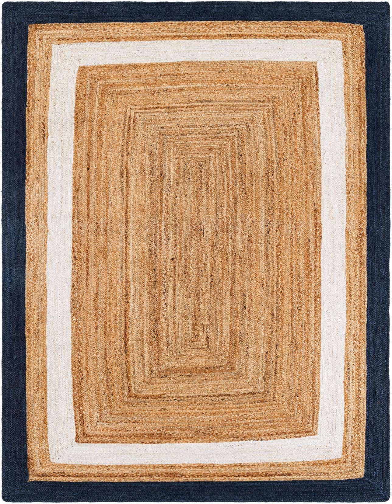 A 5x8 rectangular braided jute rug with a natural brown center, a cream border, and a dark blue outer border.