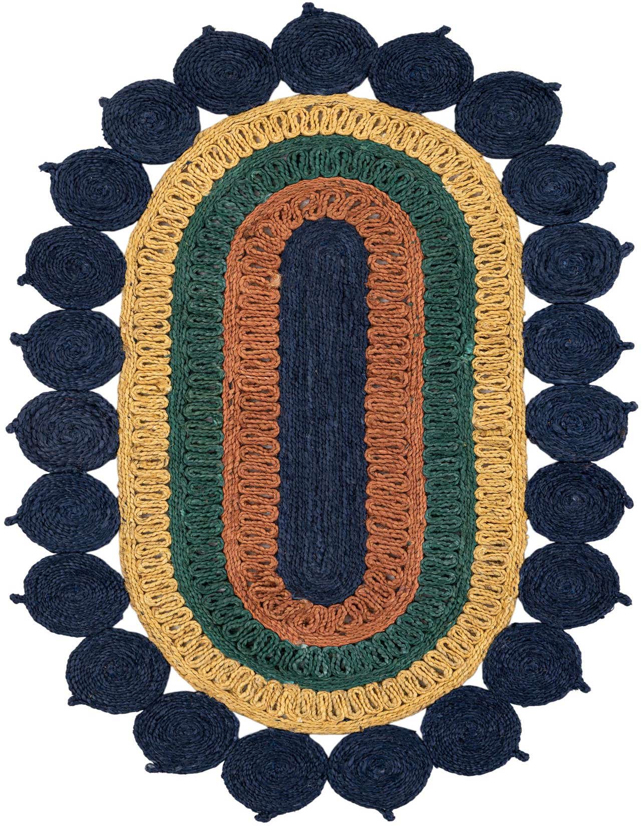A 3' 1 x 5' 1 oval braided jute rug featuring concentric bands of navy blue, yellow, green, and rust orange, with a scalloped navy blue border.