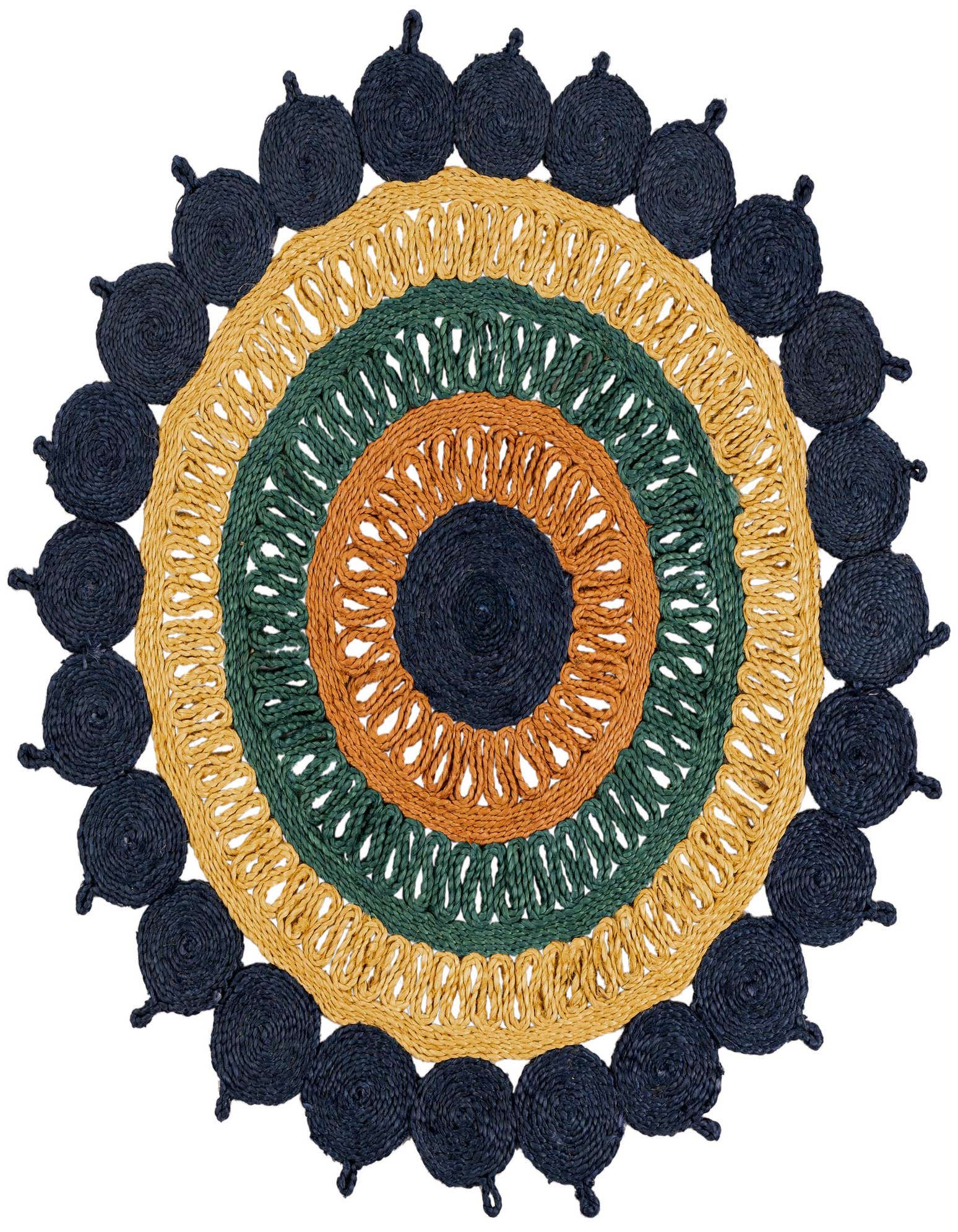 A round 4' 1 x 4' 1 Rugs.com Braided Jute rug with concentric circles in navy blue, yellow, and green, featuring a textured, modern, and natural design.