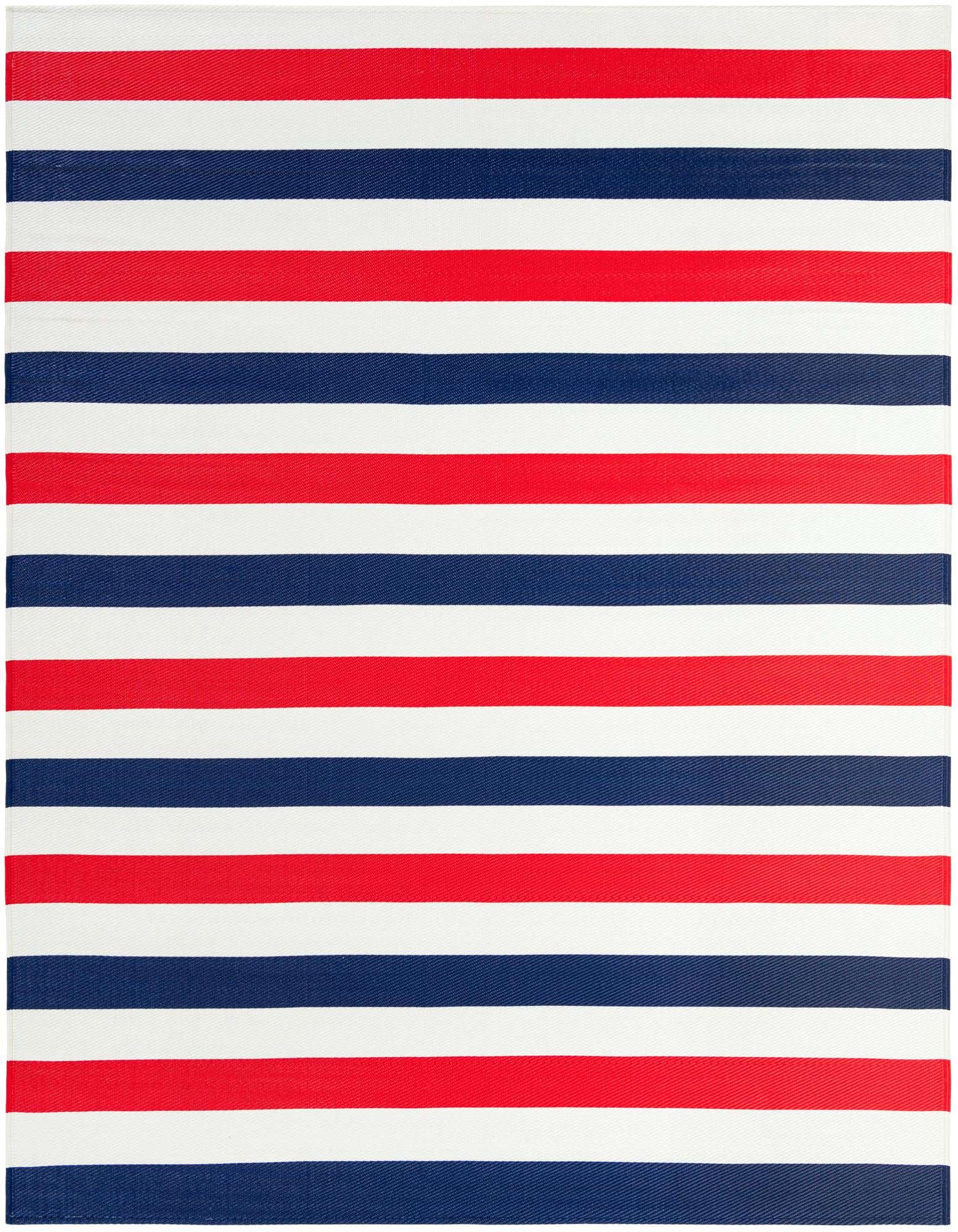 A rectangular 8x10 indoor/outdoor rug with bold horizontal stripes in navy blue, red, and white, perfect for a patio or living room.