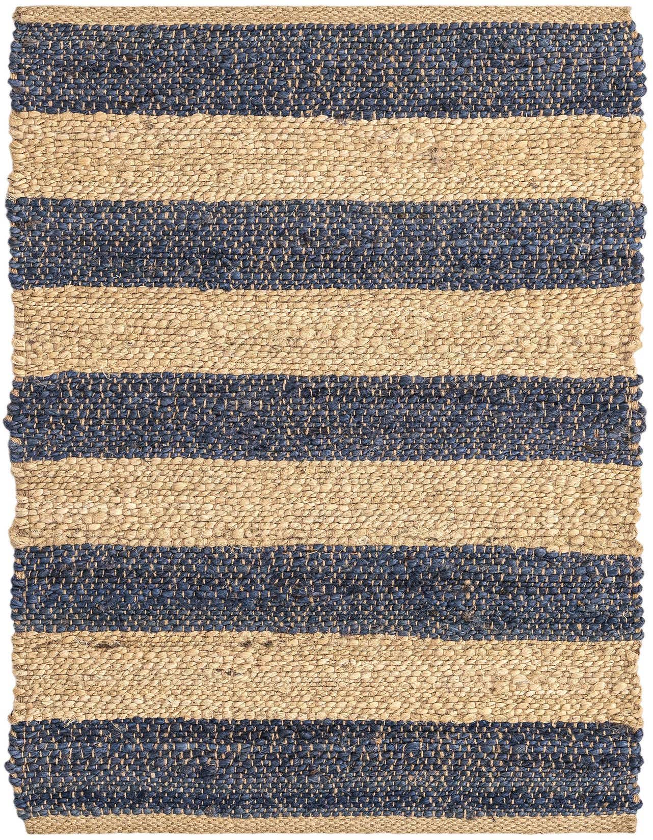 A 2x3 rectangular Braided Jute rug with alternating thick stripes of natural beige and dark blue.