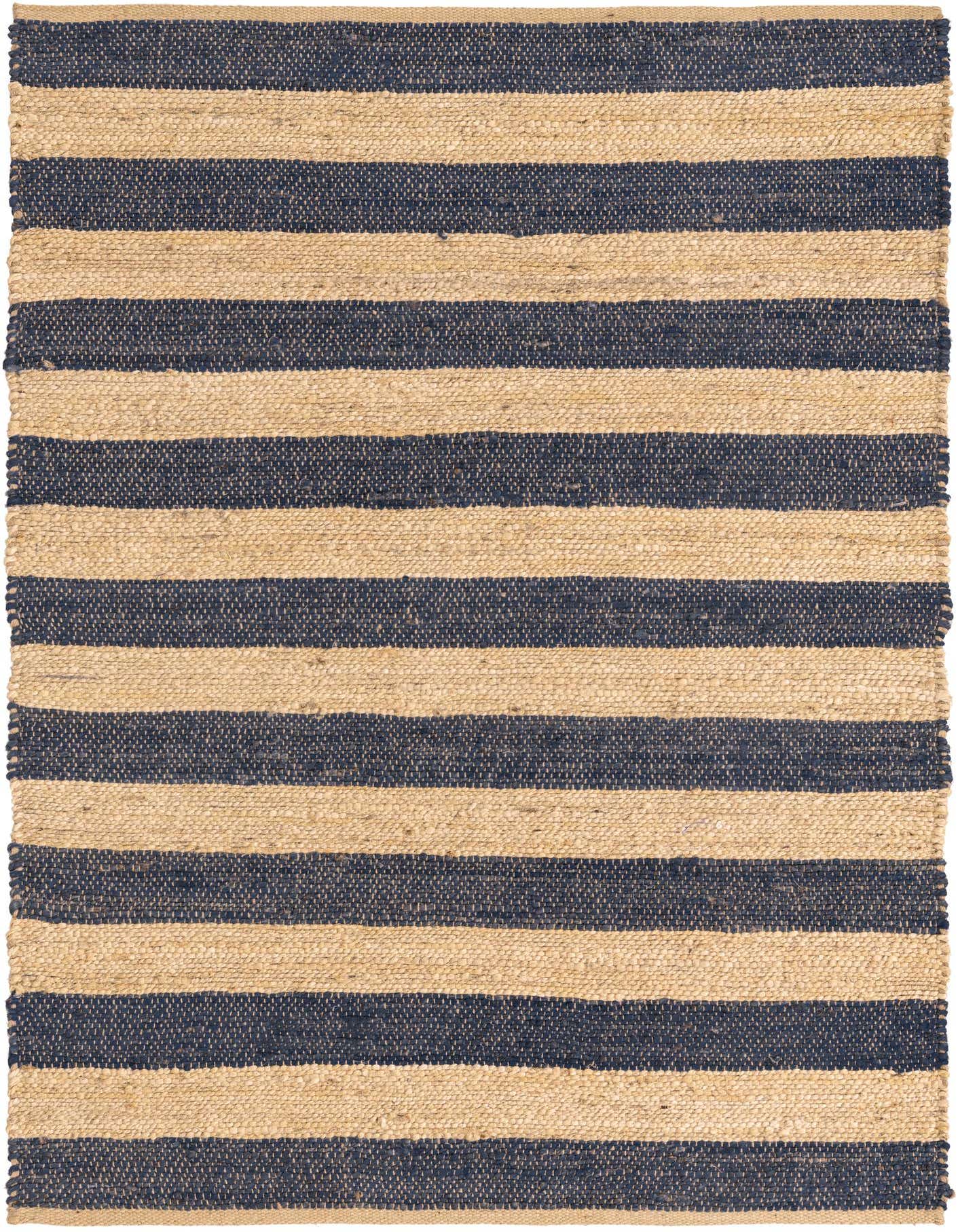 A 4x6 rectangular Braided Jute rug with alternating thick stripes of natural tan and dark blue, showcasing its handmade texture.