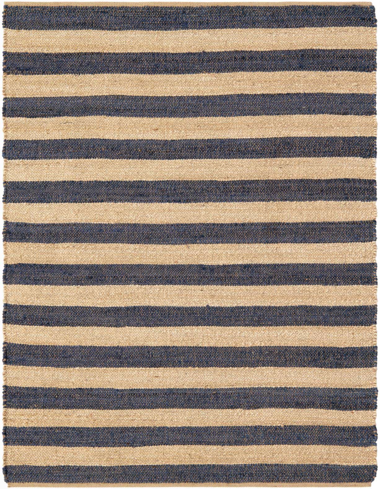 A 5x8 rectangular Braided Jute rug with alternating horizontal stripes of natural jute and deep blue.