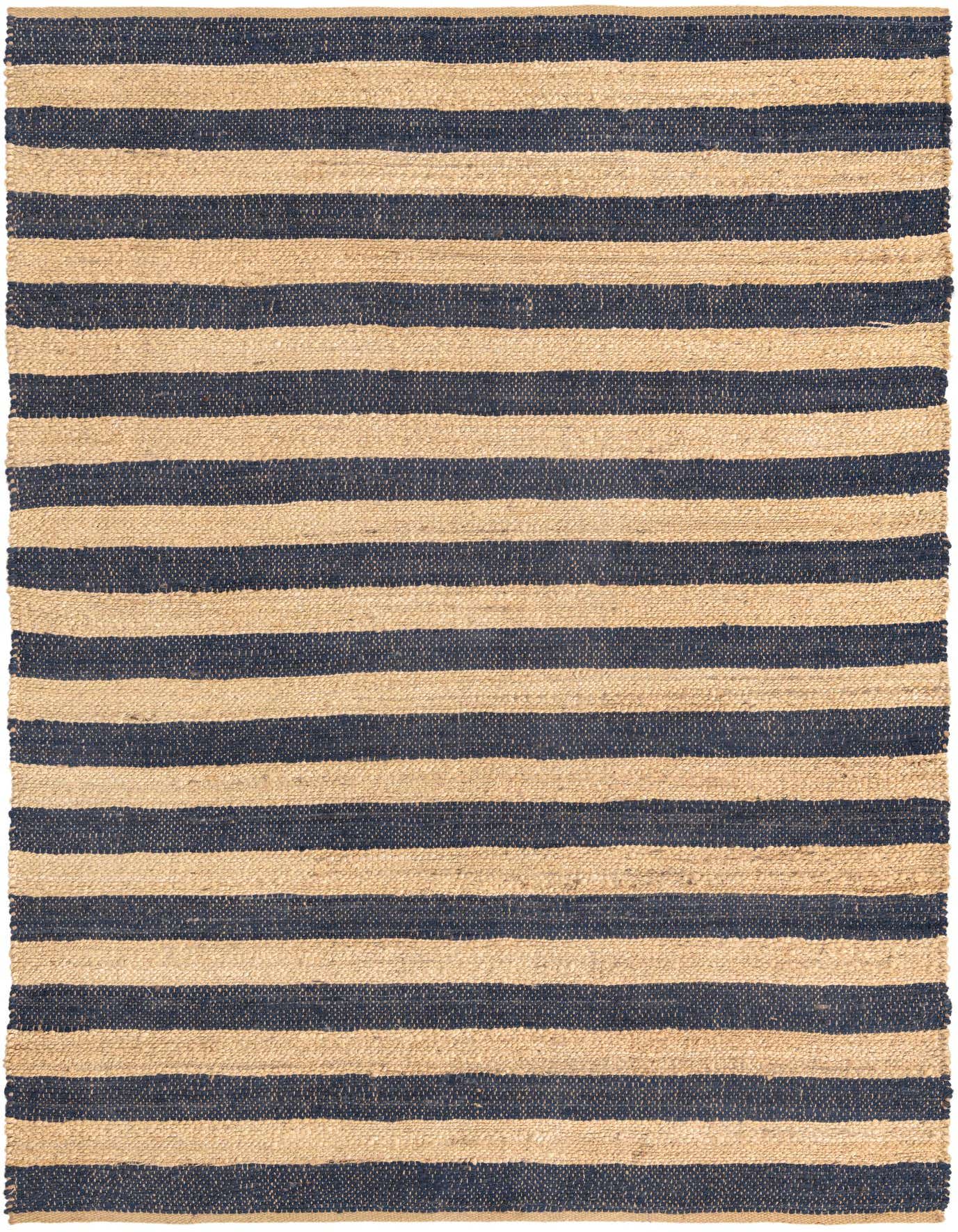 A 6x9 rectangular Braided Jute rug with bold horizontal stripes in natural jute and dark blue, showcasing its handmade texture.