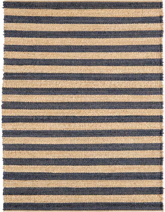 A 10 ft runner rug featuring alternating horizontal stripes of natural jute and dark blue jute, perfect for a hallway.