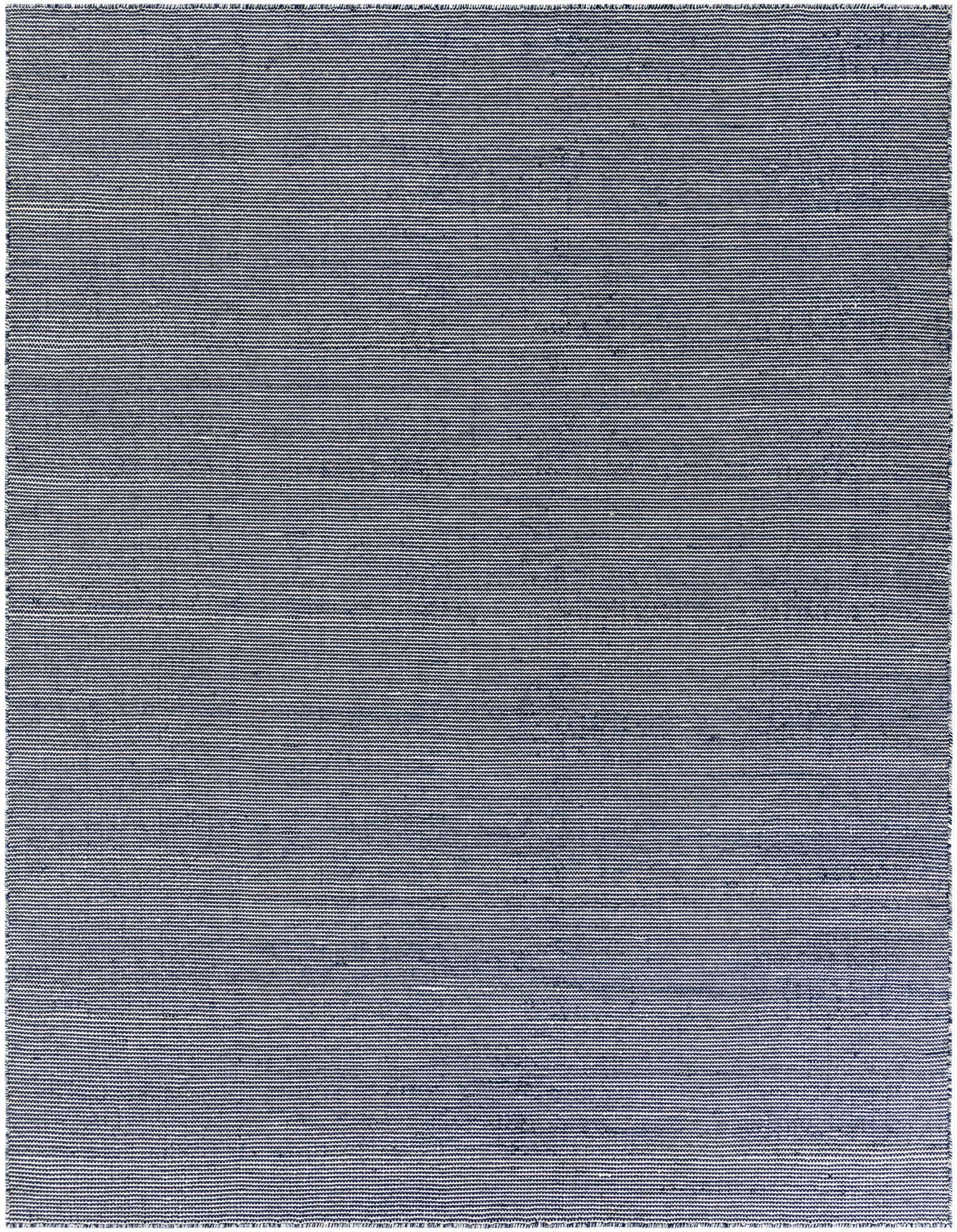 A rectangular 8x10 navy sky modern flatweave rug with a subtle textured stripe pattern, suitable for indoor or outdoor use.