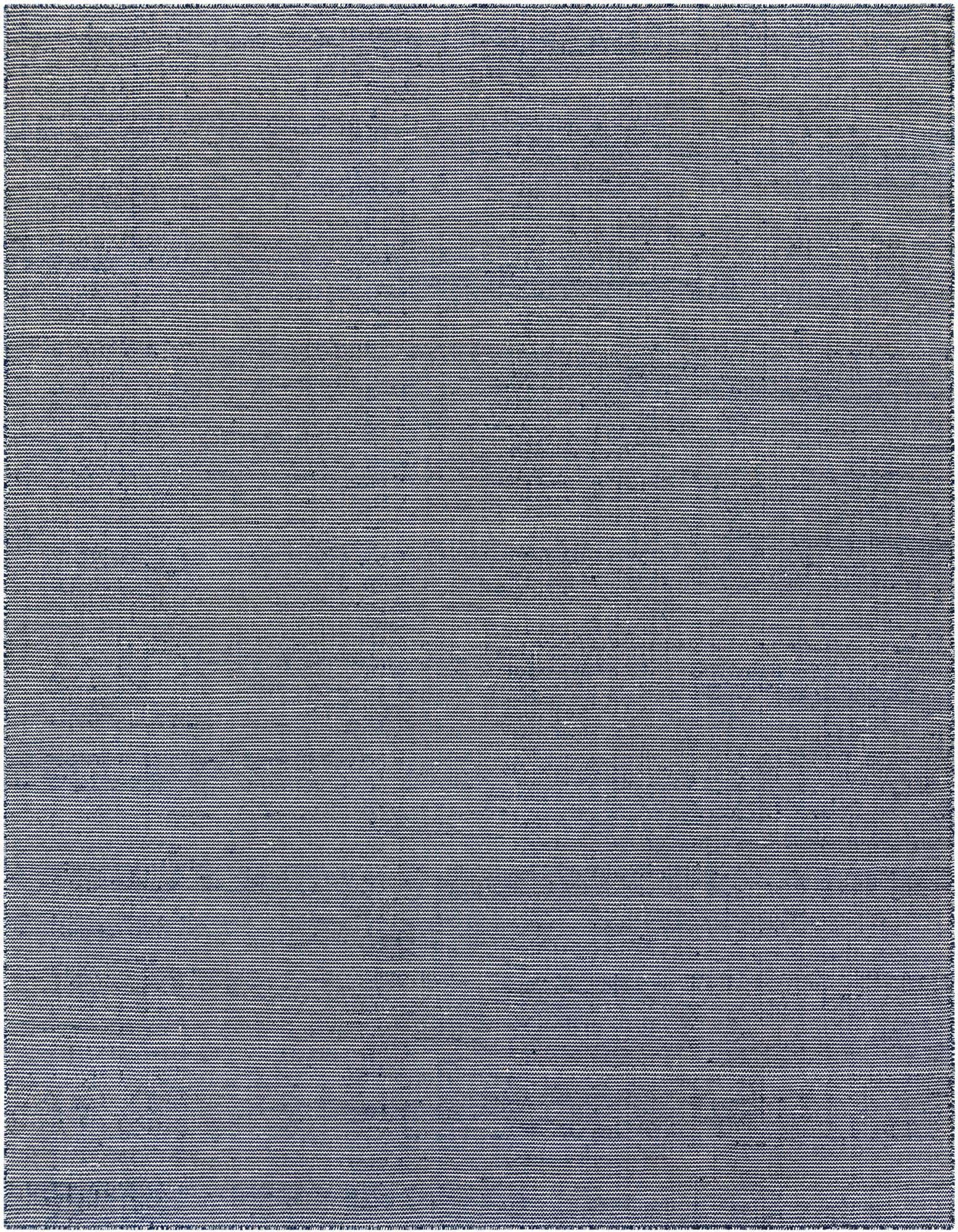 A 9x12 rectangular Navy Sky modern flatweave rug with a textured, striped pattern, suitable for indoor or outdoor use.