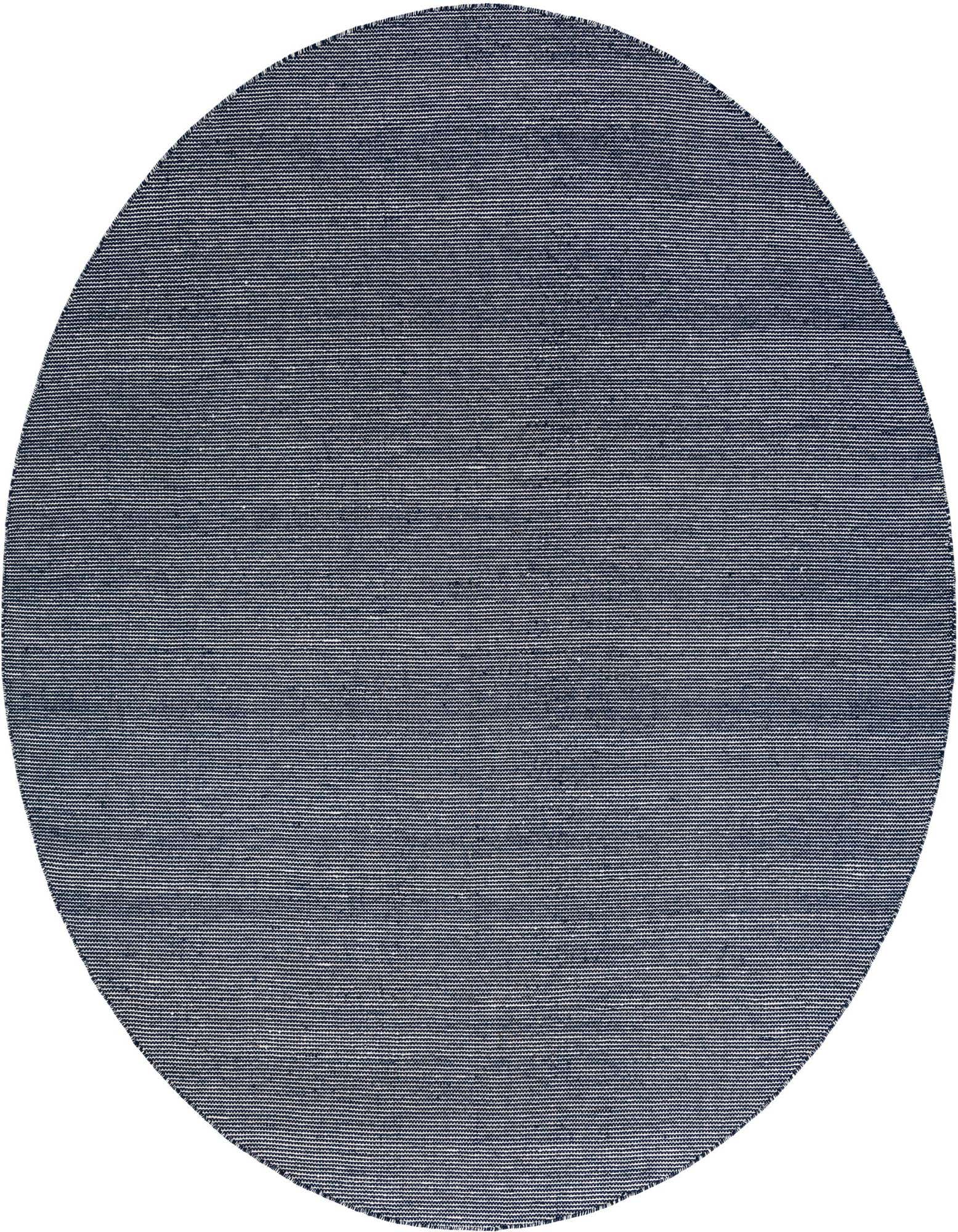 A 10-foot round navy blue rug with a subtle textured stripe pattern, suitable for indoor or outdoor use.