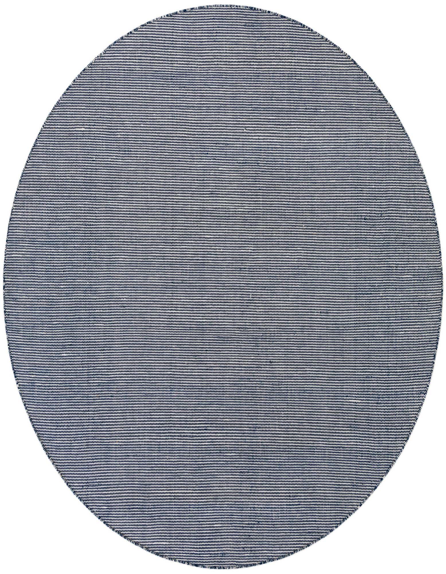 A 7' 10 round navy blue and white textured flatweave rug, suitable for indoor or outdoor use.
