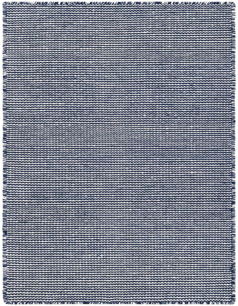 A 4 ft runner rug in navy sky with a modern striped pattern, suitable for hallways or patios.