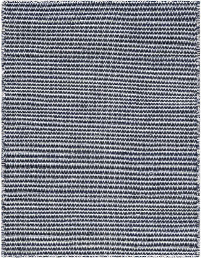 A 6 ft runner rug featuring a modern navy sky striped pattern with a textured flatweave, suitable for hallways or patios.
