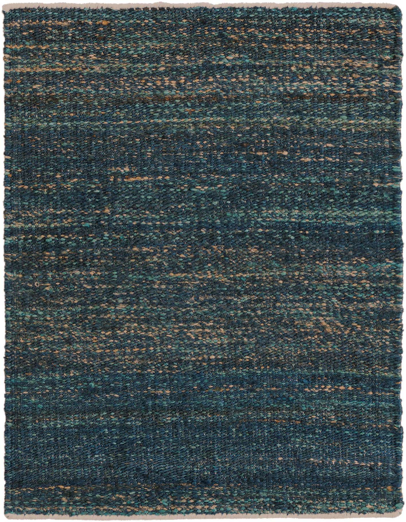 A 2x3 rectangular Rugs.com Palm Beach Jute rug featuring a textured flatweave in varying shades of blue and natural ivory.