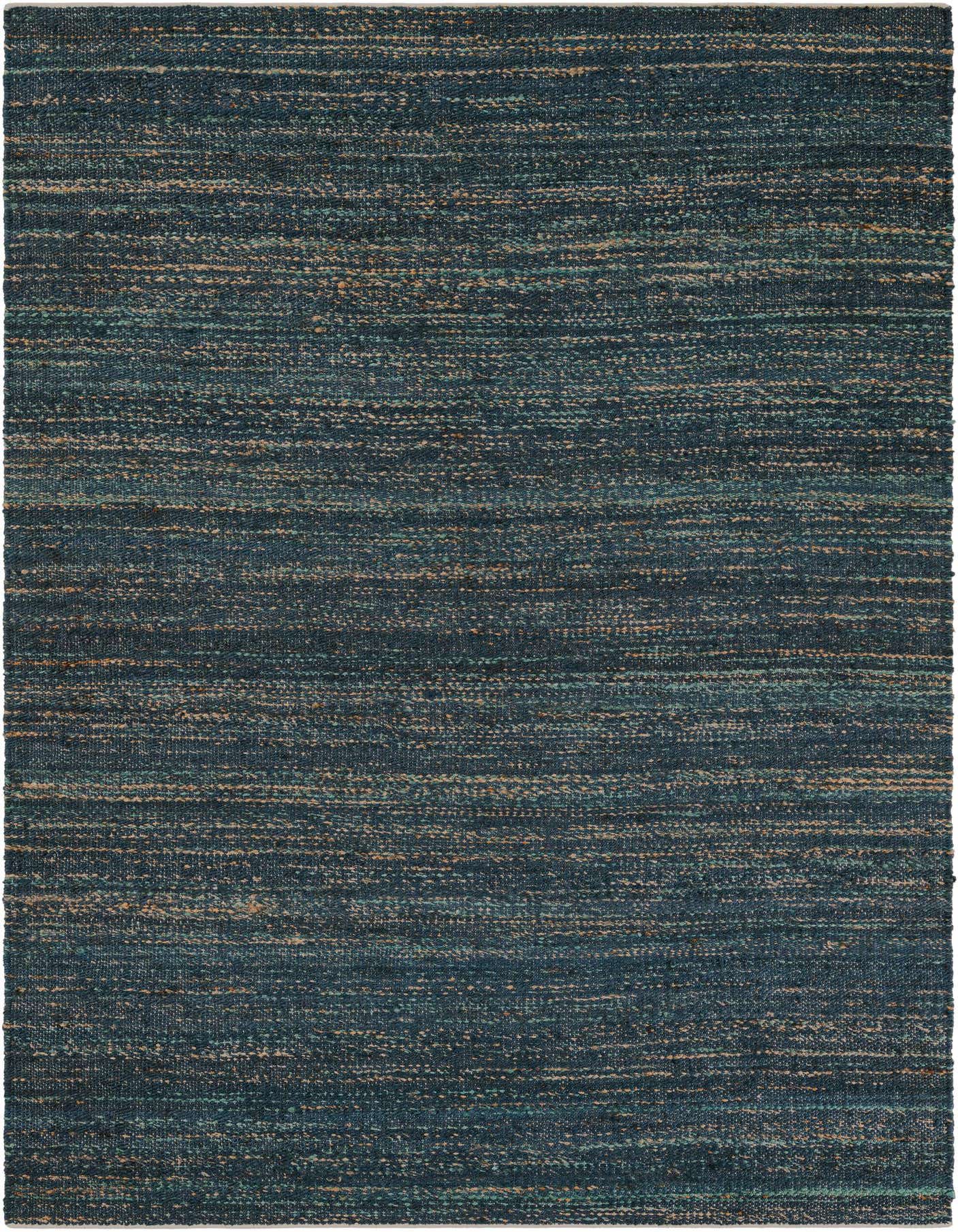 A 6x9 rectangular blue and ivory flatweave rug with a textured, rustic look, ideal for a living room or office.