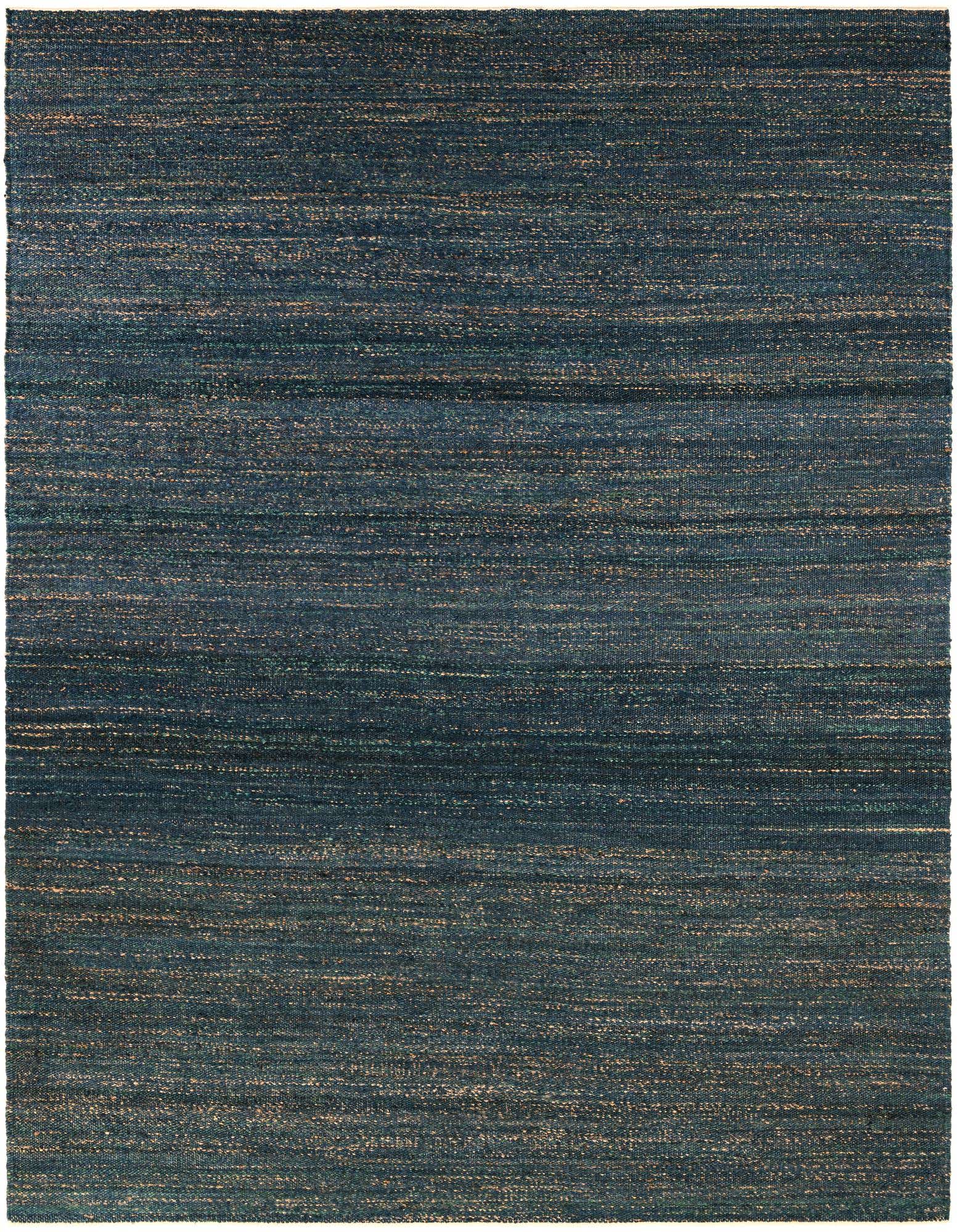 A 9x12 rectangular Palm Beach Jute rug in varying shades of blue and ivory, featuring a rustic, textured flatweave.
