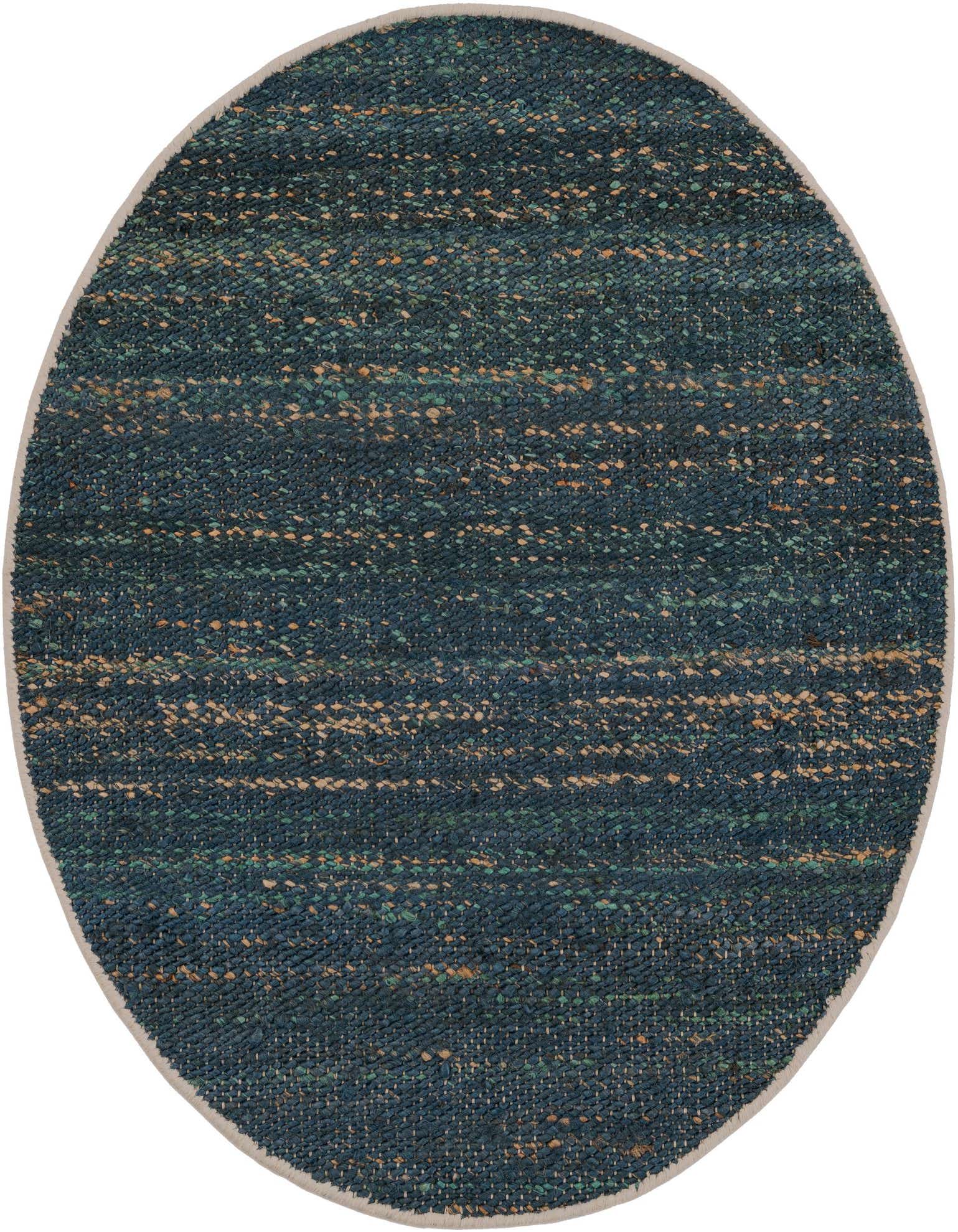 A round, 3' 1 x 3' 1 blue and ivory jute rug with a textured, flatweave surface, ideal for indoor spaces.