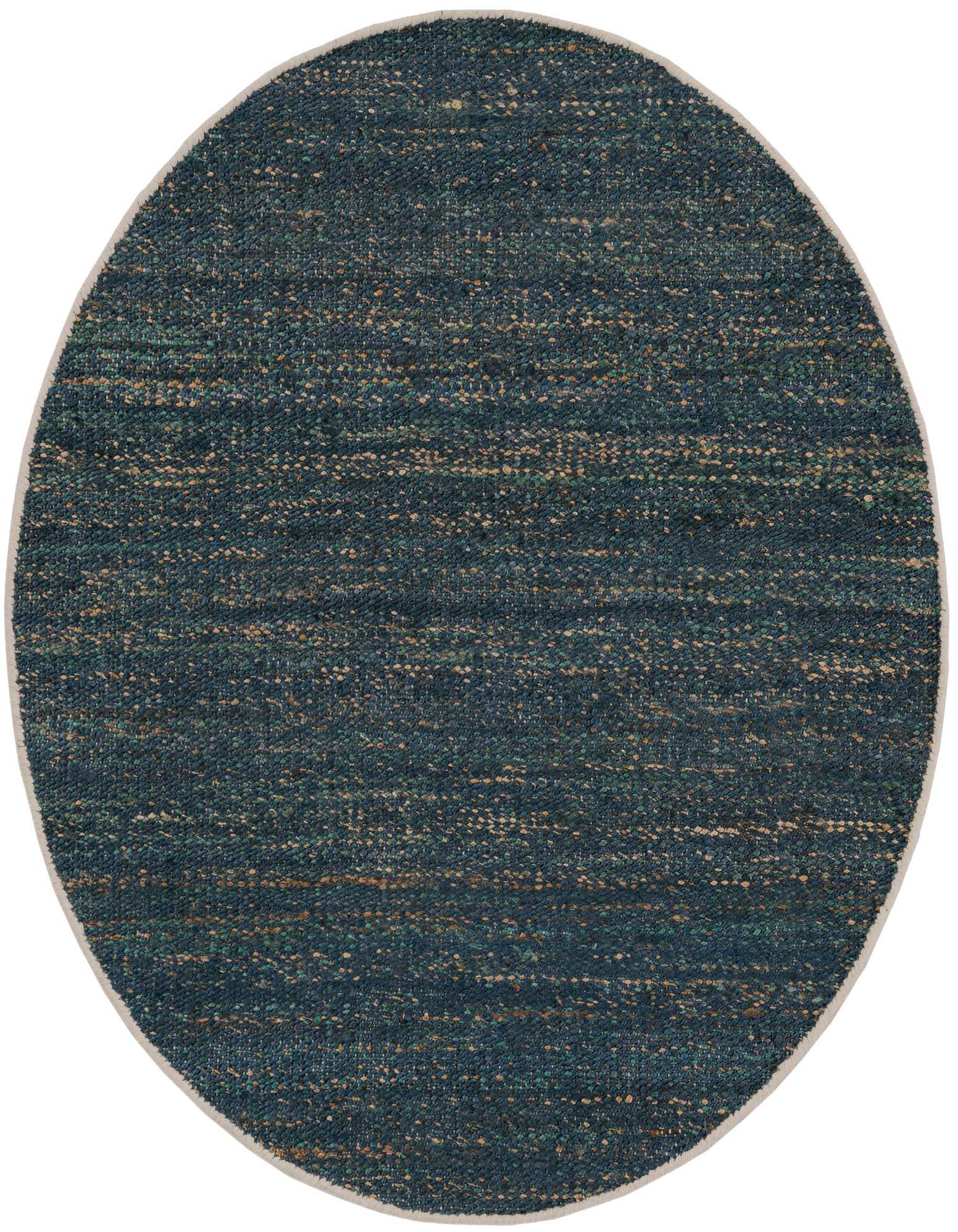 A 4' 1 x 4' 1 round blue jute rug with a textured, flatweave surface and subtle ivory border.