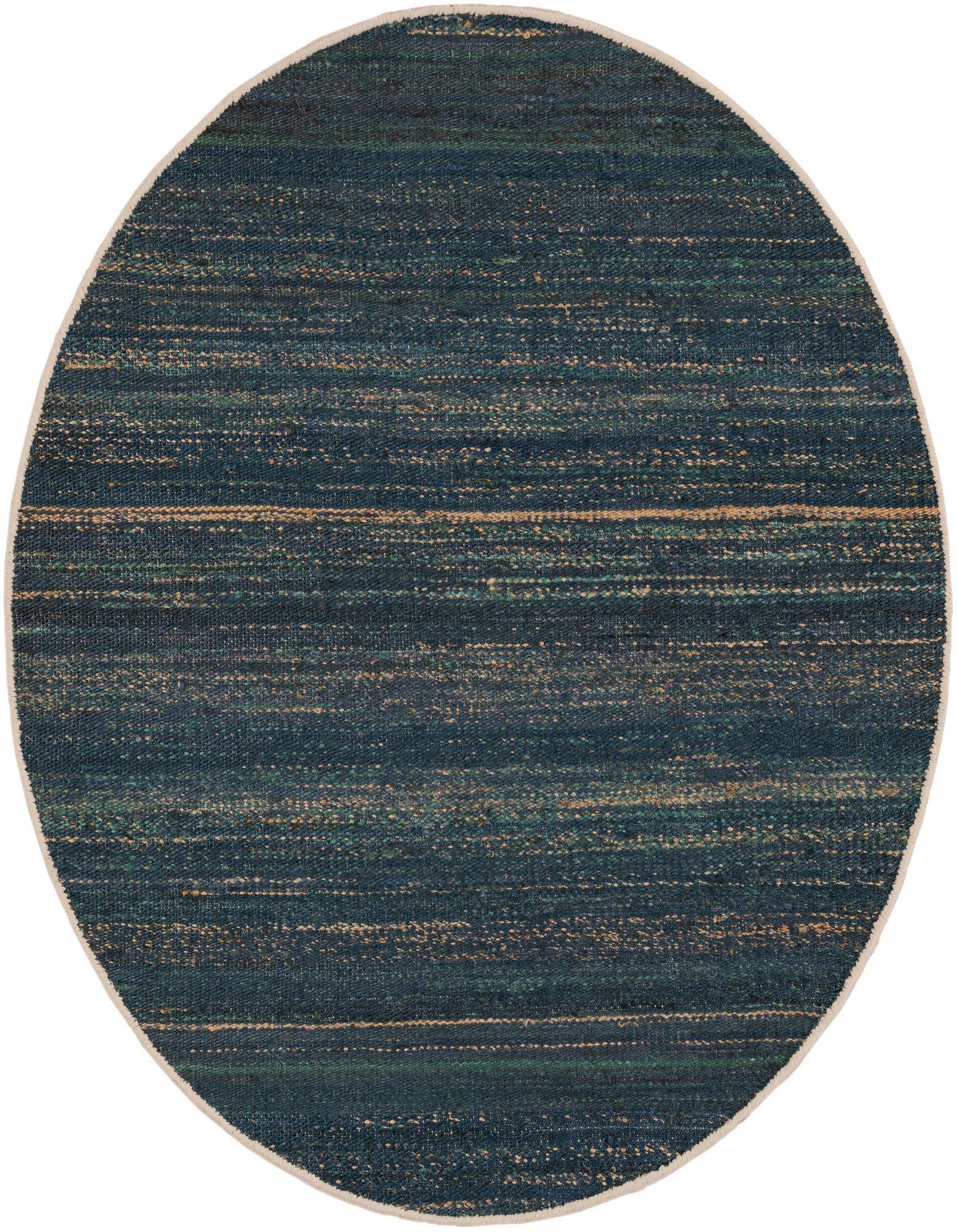 A round, textured blue and ivory jute rug with subtle horizontal stripes, featuring a rustic modern flatweave design.