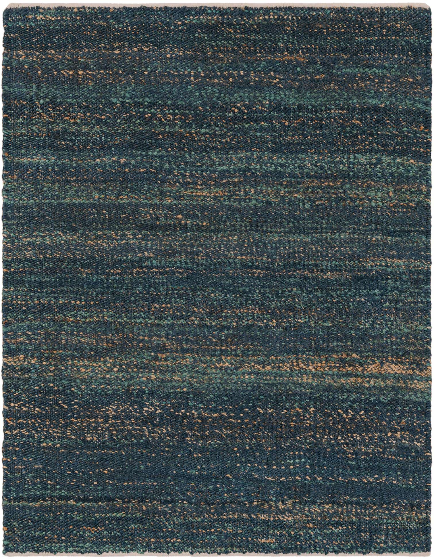 A square, textured flatweave rug in varying shades of blue, teal, and cream, showcasing a rustic modern style.