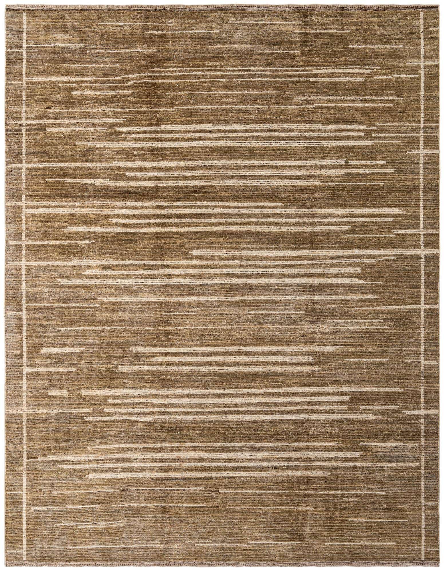 An 8x10 rectangular Darya rug in olive and cream, featuring a modern abstract striped pattern with a subtle border.