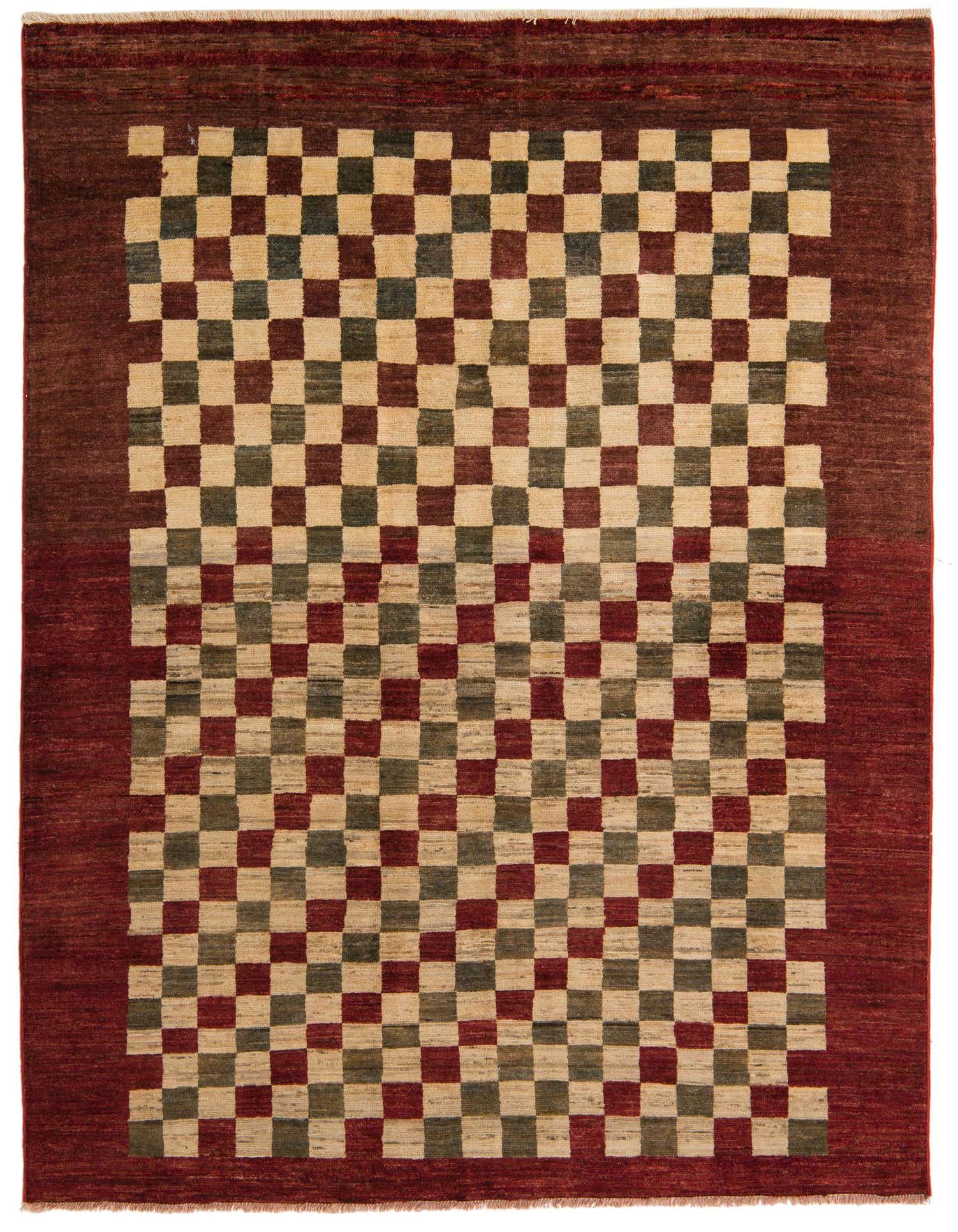A 5x8 rectangular Modern Ziegler rug featuring a checkerboard pattern in tan, brown, and green, framed by a solid red-brown border.