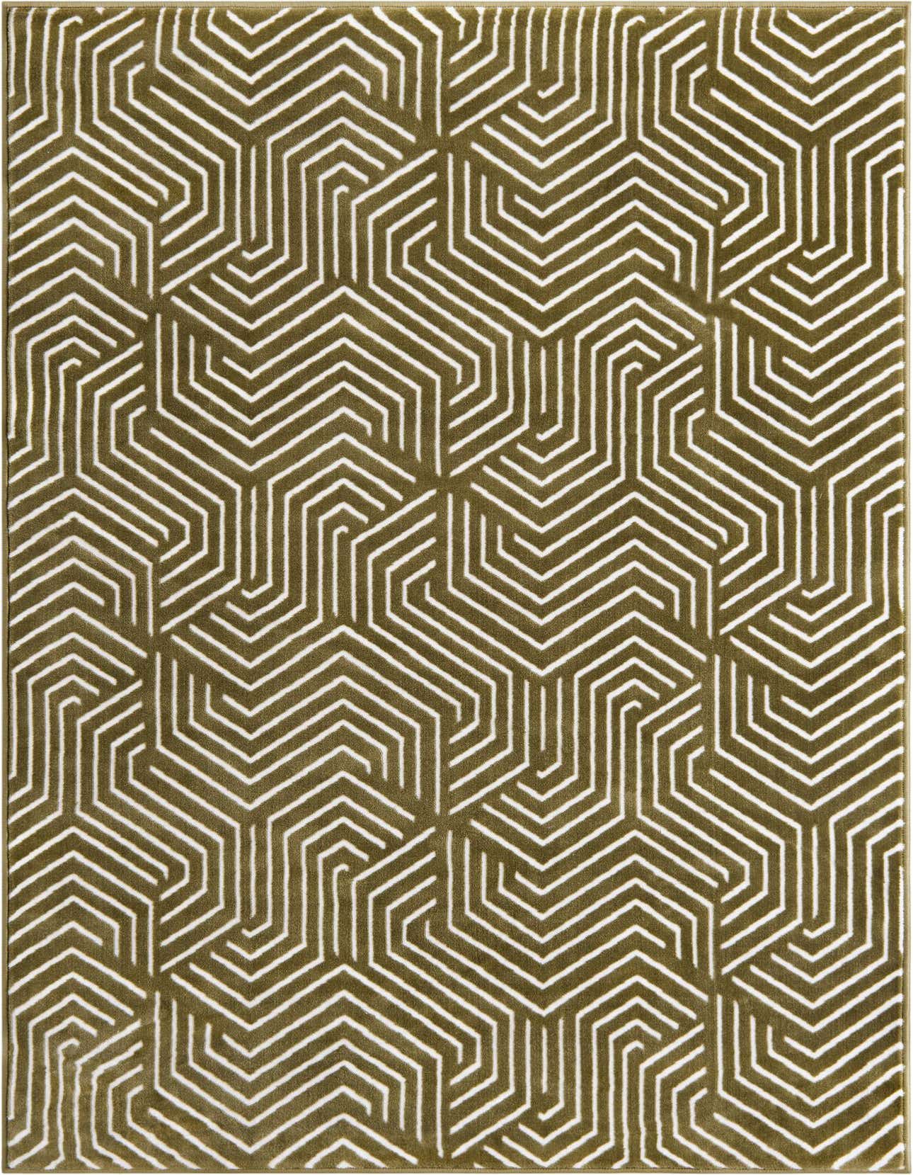 A 4x6 rectangular olive green rug with a repeating white geometric maze-like pattern, ideal for a modern living room.