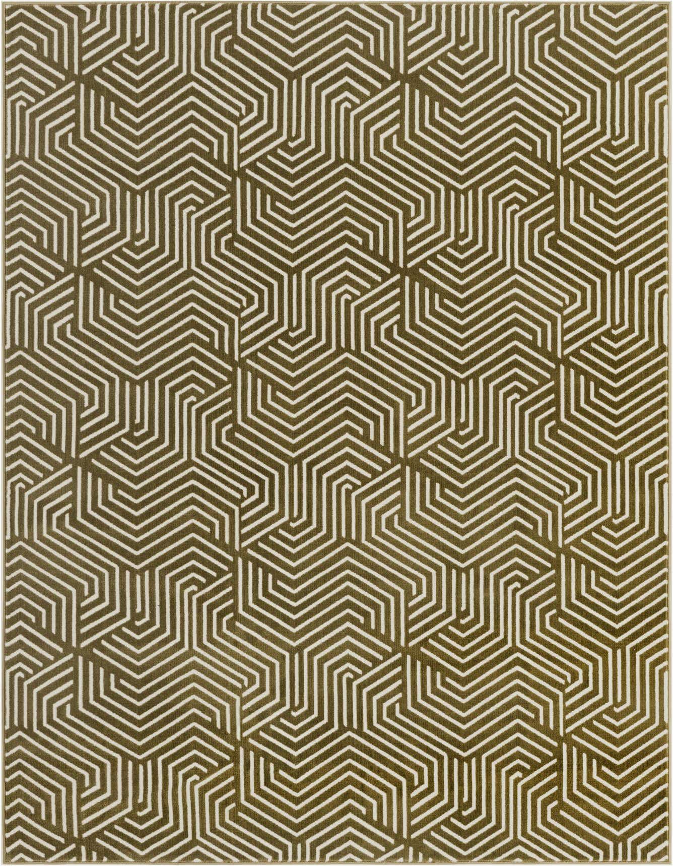 A rectangular 5x8 olive green area rug with a repeating geometric pattern of white interlocking lines, suitable for various indoor rooms.