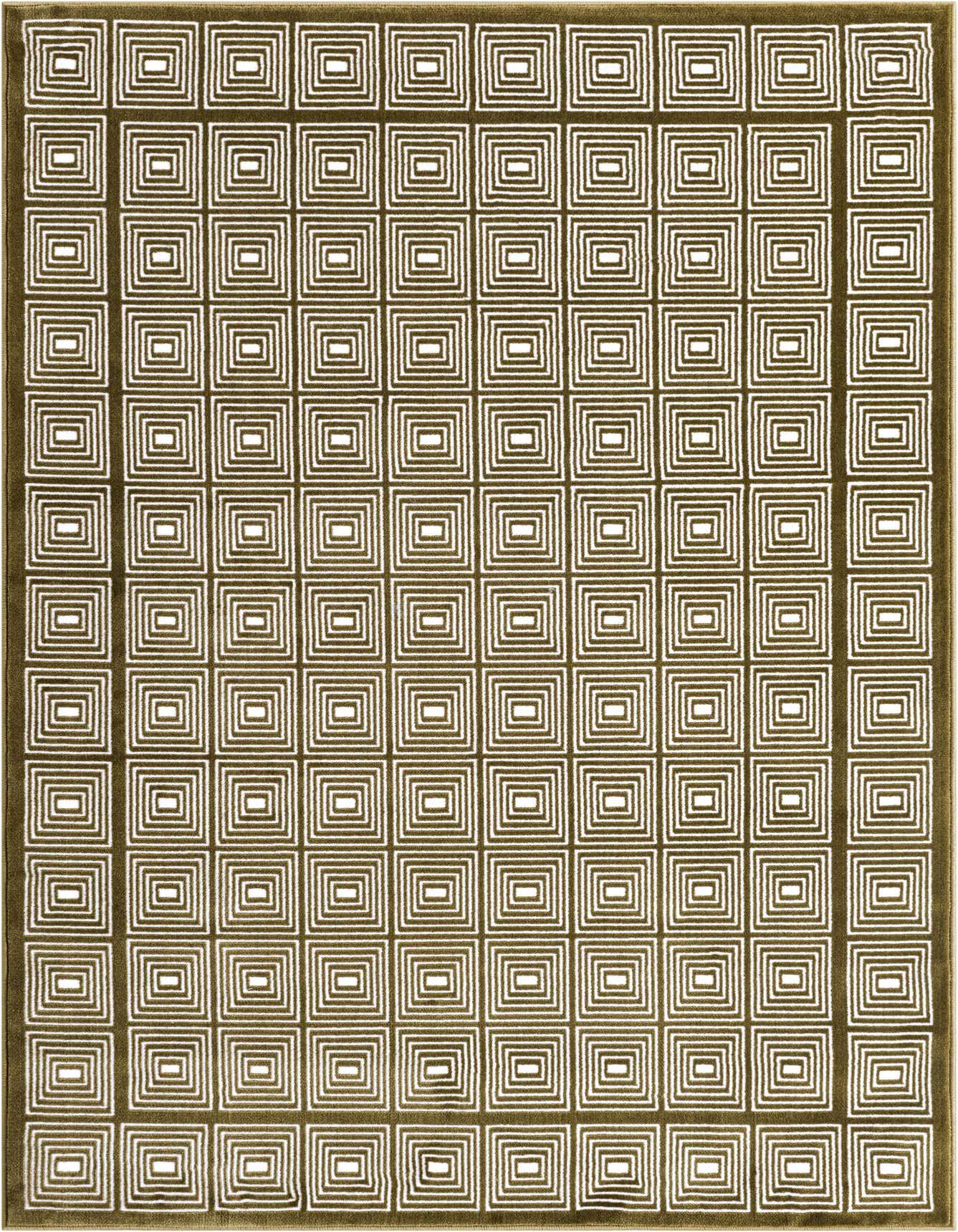 A 4x6 rectangular olive green rug with a repeating pattern of white concentric squares, ideal for a living room.